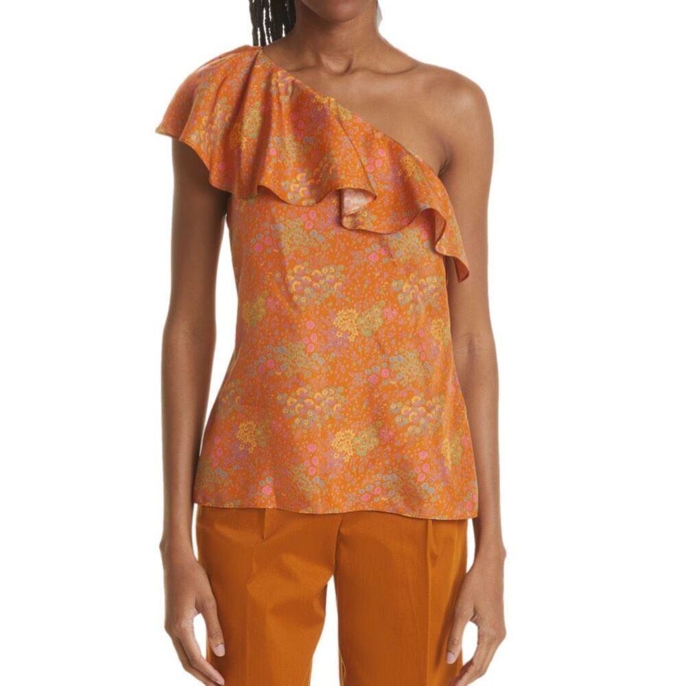NWT Rebecca Taylor ruffle silk 1-shoulder top. Burnt orange w floral print SZ 10
